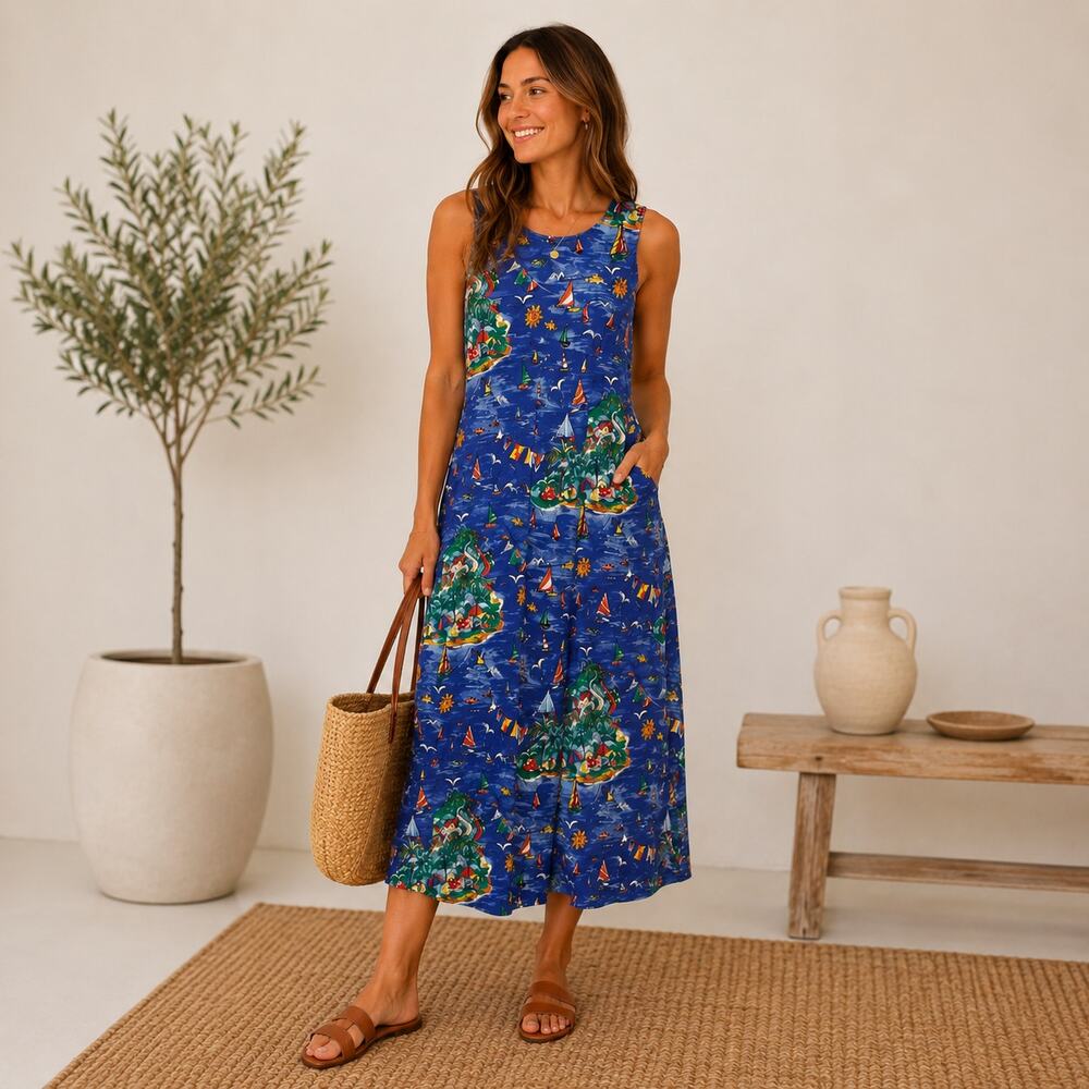 Bechamel Sleeveless Maxi Dress Women's Size XL Cotton Blue Tropical Vintage Chic